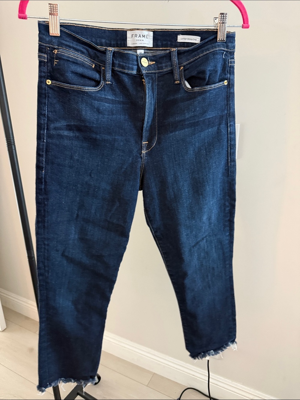 Frame Denim Indigo High-Rise Cropped Jeans with Raw Hem